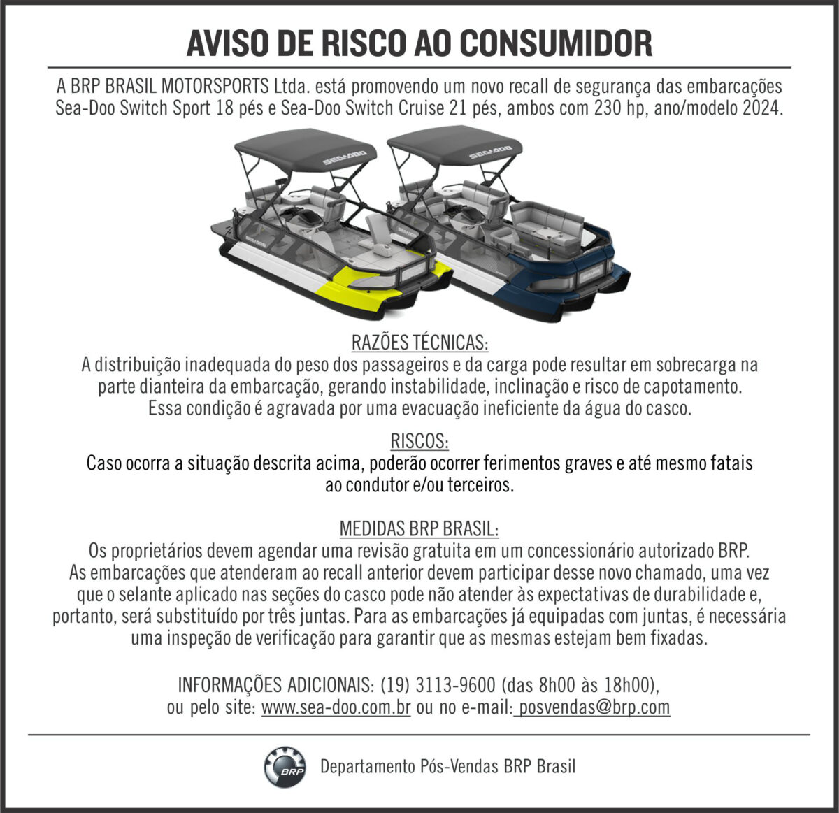 SEA-DOO SWITCH – DISTRIBUIÇÃO INADEQUADA DE PESO – NOVO RECALL
